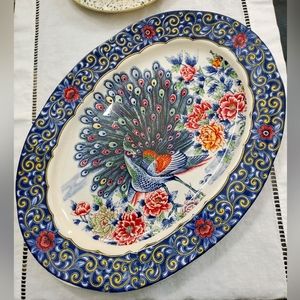 Large Vintage Peacock Oval Platter Vivrant Colors Great Condition